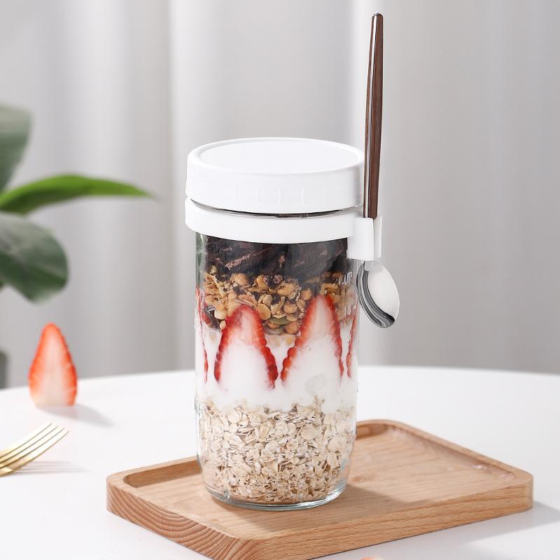 Overnight Oat Cup Transparent Glass Mason Cup Simple Portable Cereal Cup with Spoon Lid Yogurt Graduated Cup