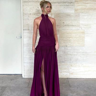 Summer New European and American Women's Clothing Solid Color Sexy Halter Lace-up Waist Split Neck Dress Women