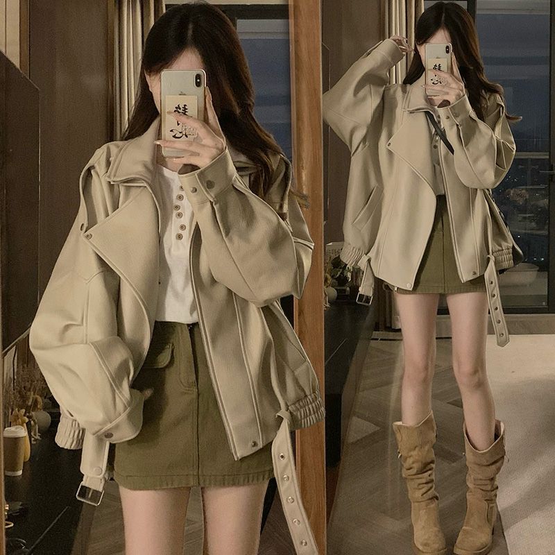 Kumikumi American vintage PU Leather Long sleeve Outerwear Women clothes Autumn Loose Slimming Versatile Stand Collar Jacket Top