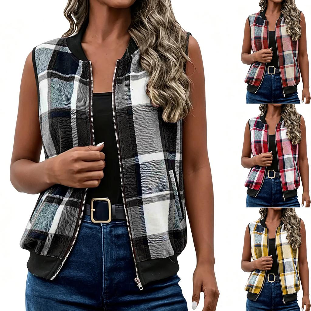 Women's Plaid Vest Zip Up Sleeveless Casual Jacket