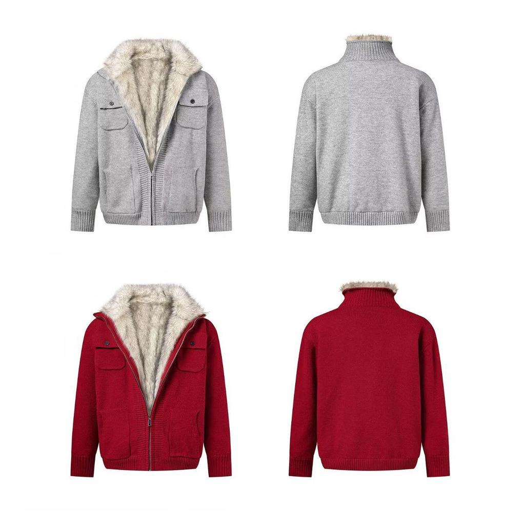 2026 Höst/Vinter Herrarbetsklädesstil Ståkrage Blixtlås Cardigan med Pälskrage