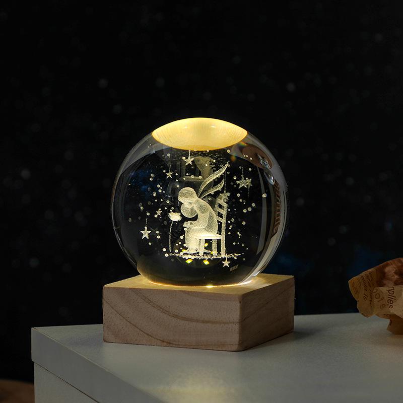3D Solar System Crystal Ball Night Light with Wooden Base - Luminous Desktop Home Decor & Birthday Gift