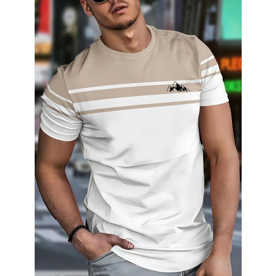 Men Novel Striped 3D Print T-shirts Beachwear Letters Stretch Polyester Sports Short Sleeve Tops
