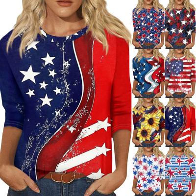 Women's Fashion Casual Round Neck 3/4 Sleeve Loose  Printed T-Shirt Ladies Top