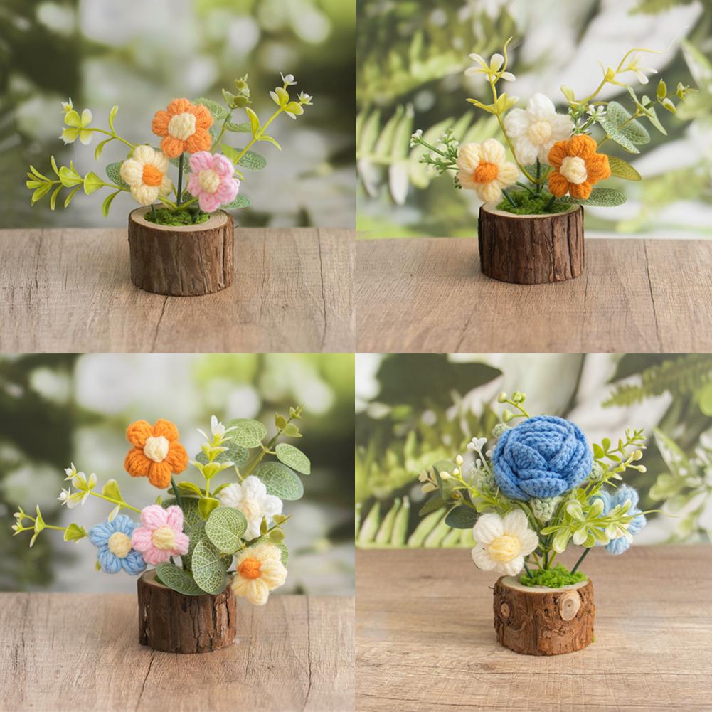 Hand-Knitted Rose Flowers Home Decoration Valentine's Day Gift Handmade Crocheted Flowers Bouquets flowerpot Desktop Ornament