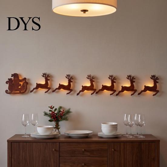 Easy Install Christmas Entryway Decor 7Pcs Wooden Silhouette Lights with Warm Backlight, LED Reindeer Lighted Winter Scene for Living Room Santa