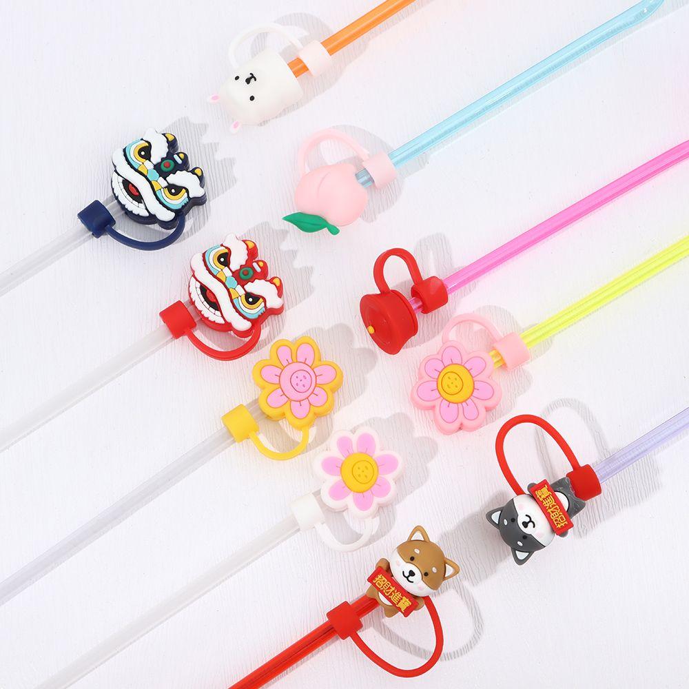 Peach Flower Drinkware Accessories Cartoon Straws Plugs Silicone Dust-Proof Cap Pipette Tip Cover