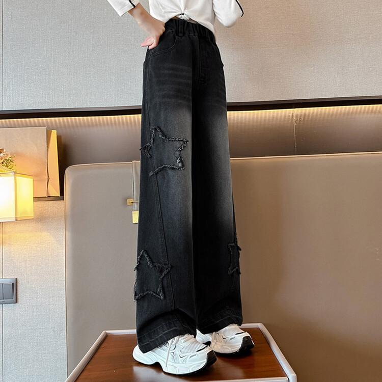 Teenage Girl Retro High Waisted Wide Leg Straight Jeans With Star Pattern For Kids Baby New Causal Denim Pants Girl Trousers