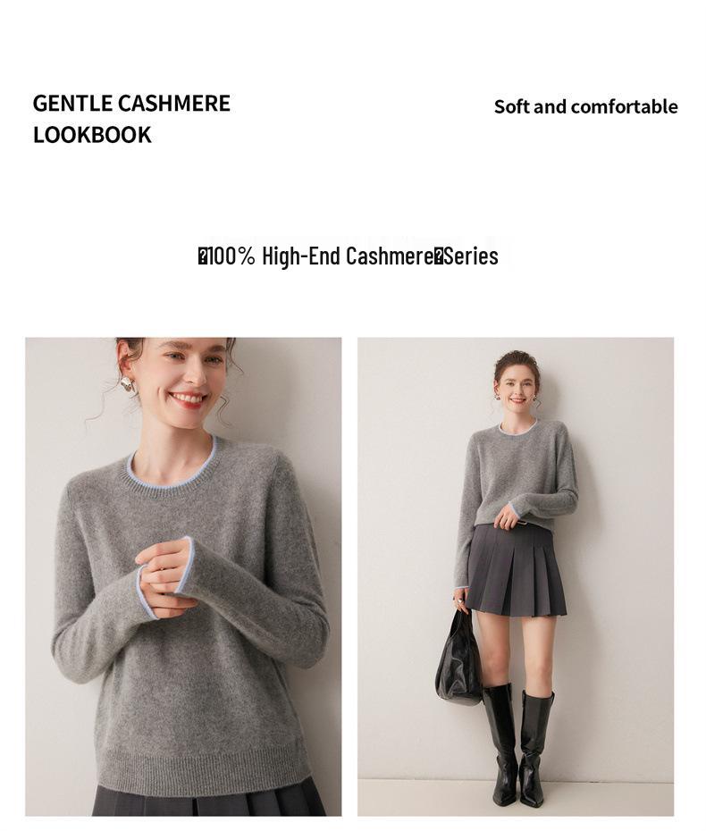 Women's Color Block Cashmere Sweater – 100% Pure 7 Gauge Single Ply, Soft, Skin-Friendly Pullover with Round Neck.