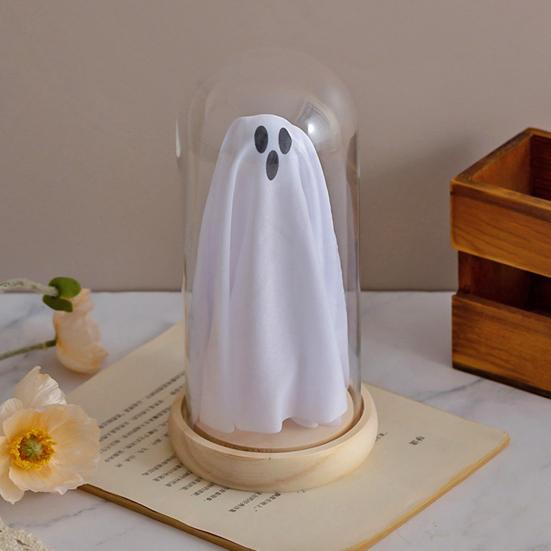 Yousheng Halloween Ghost Decor Light Up Ghost in Glass Cloche with Wood Base Cute Ghost Night Light Decoration for Table Shelf Fireplace Room Decor