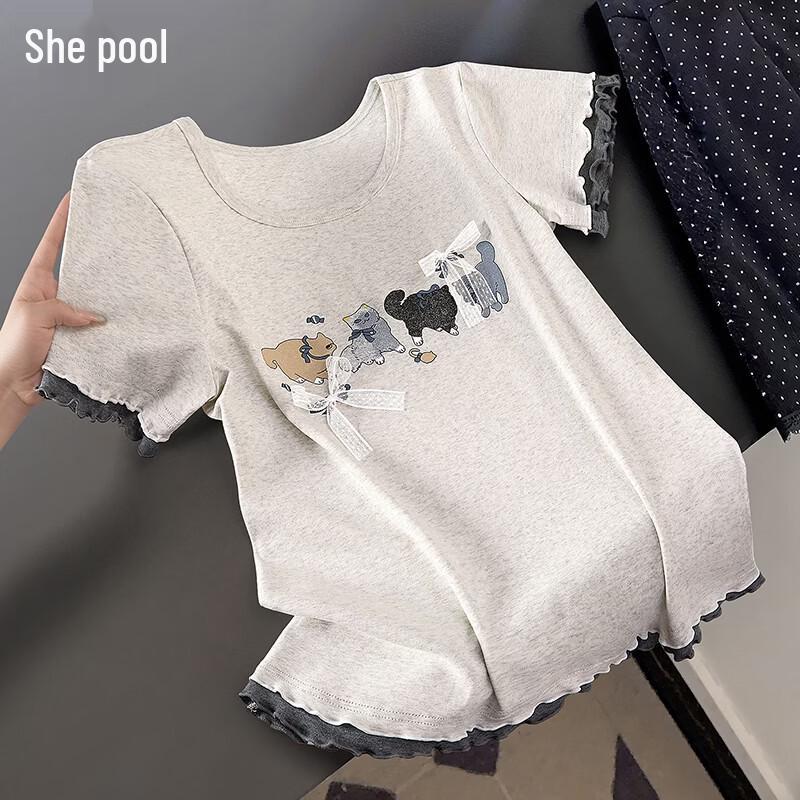 Женская сладкая кружевная футболка с бантом и коротким рукавом Shechi S