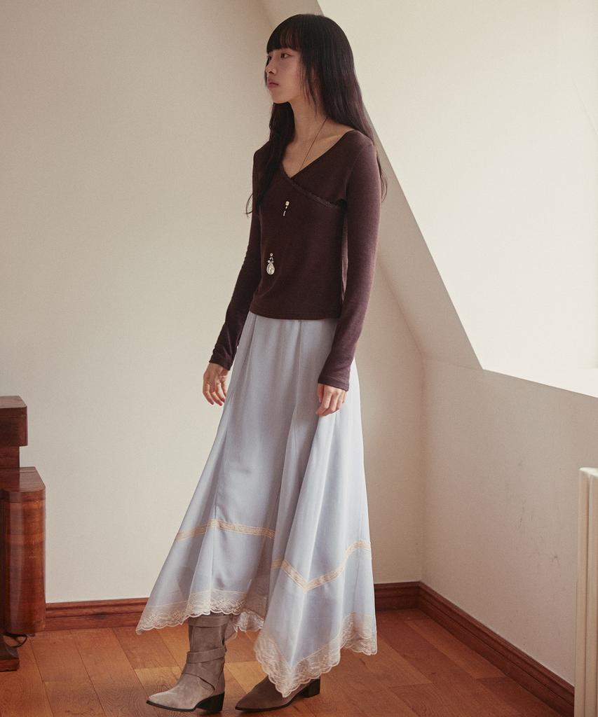 OUEL Lace Trim Jersey Top_Brown