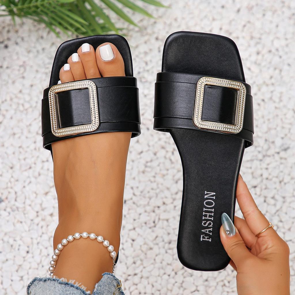 Fashion Women's Flat Slippers Summer Square Toe Women Flats Flip Flops Designer Ladies Slides Sandals Women Shoes Luxury Sandals