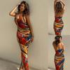 Women Summer Casual Sleeveless Strapless Print Camisole Dress Slim High Waist Ankle-Length Backless Slit Dresses Spring