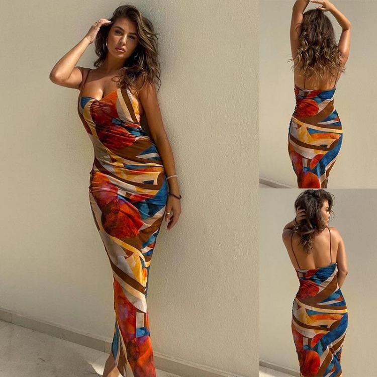 Sommer Schlankes Rückenfreies Geschlitztes Knöchellanges Hohe Taille Bedrucktes Trägerkleid Damen Freizeit Ärmelloses Trägerloses Frühjahrs Kleider