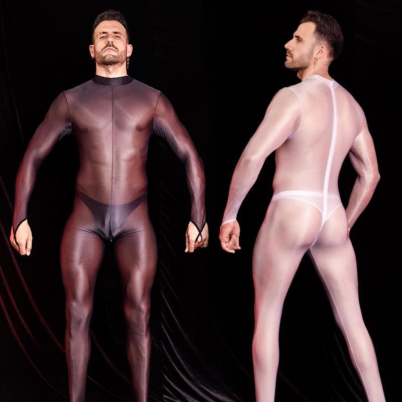Tuta da uomo sexy, collant lucidi e lucidi, maniche lunghe, tute elastiche alte, body esotico, tuta sottile e trasparente, calze autoreggenti