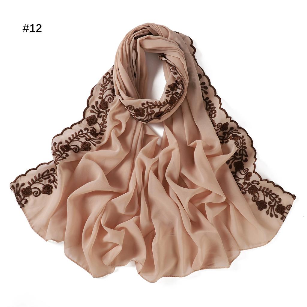 Embroidery Lace Chiffon Hijabs For Women Vine Heavy Pearl Industry Edge Long Scarf Light Scarf Headscarf Shawl Turban Ramadan