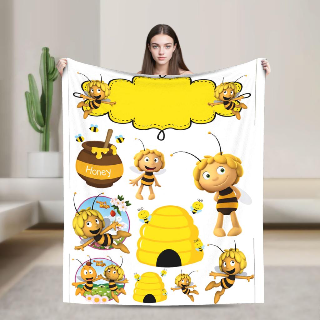 Maya The Bee With Flowers Blanket Cartoon Soft Comfortable Plush Throw Blanket For Couch Bed Camping Flannel Bedspread Bed Cover
