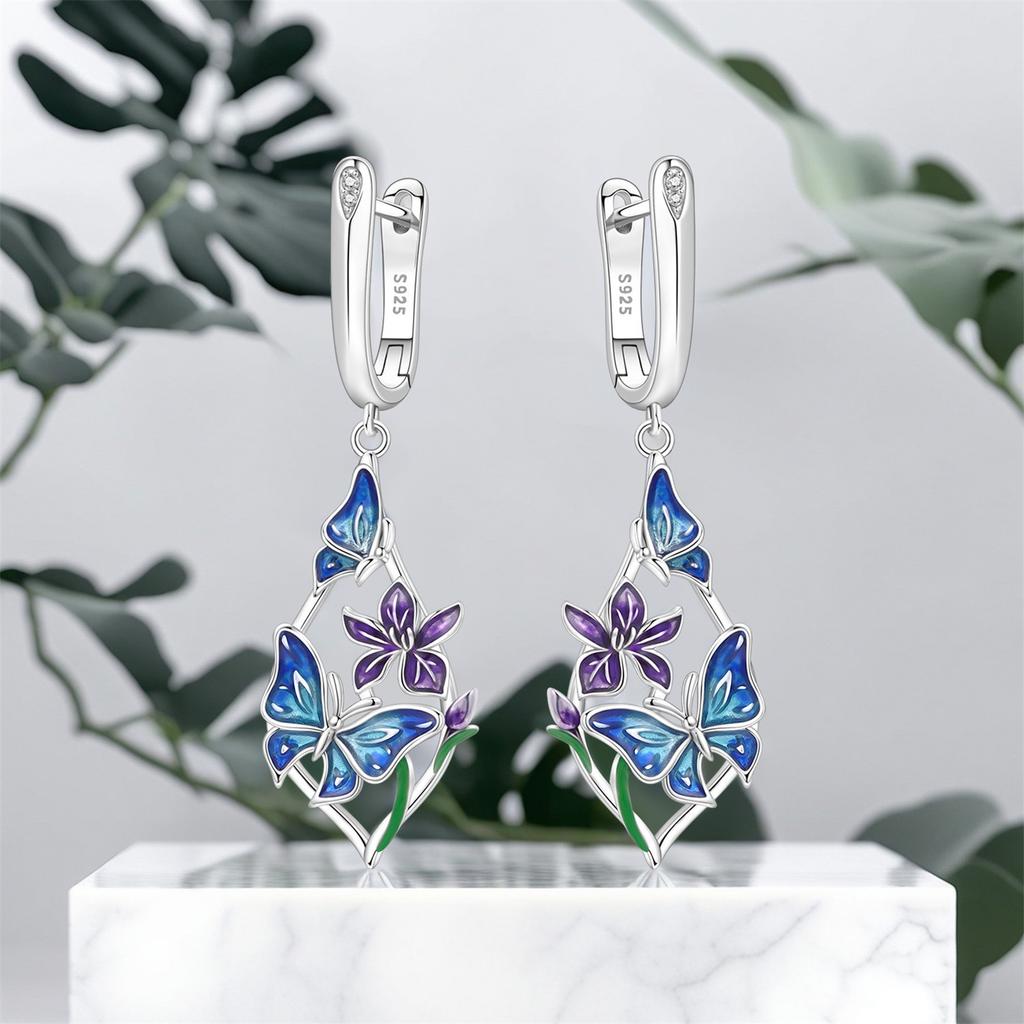 S925 Silver Butterfly Love Flower Drop Earrings Women Earrings Charm Fashion Versatile Party Jewelry Gifts