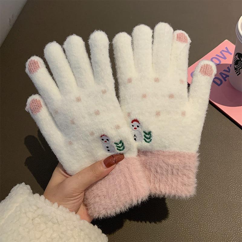 Cartoon Thermal Gloves Women Winter Thickened Cute Couple Student Cold Knitted Wool Riding Five Fingers