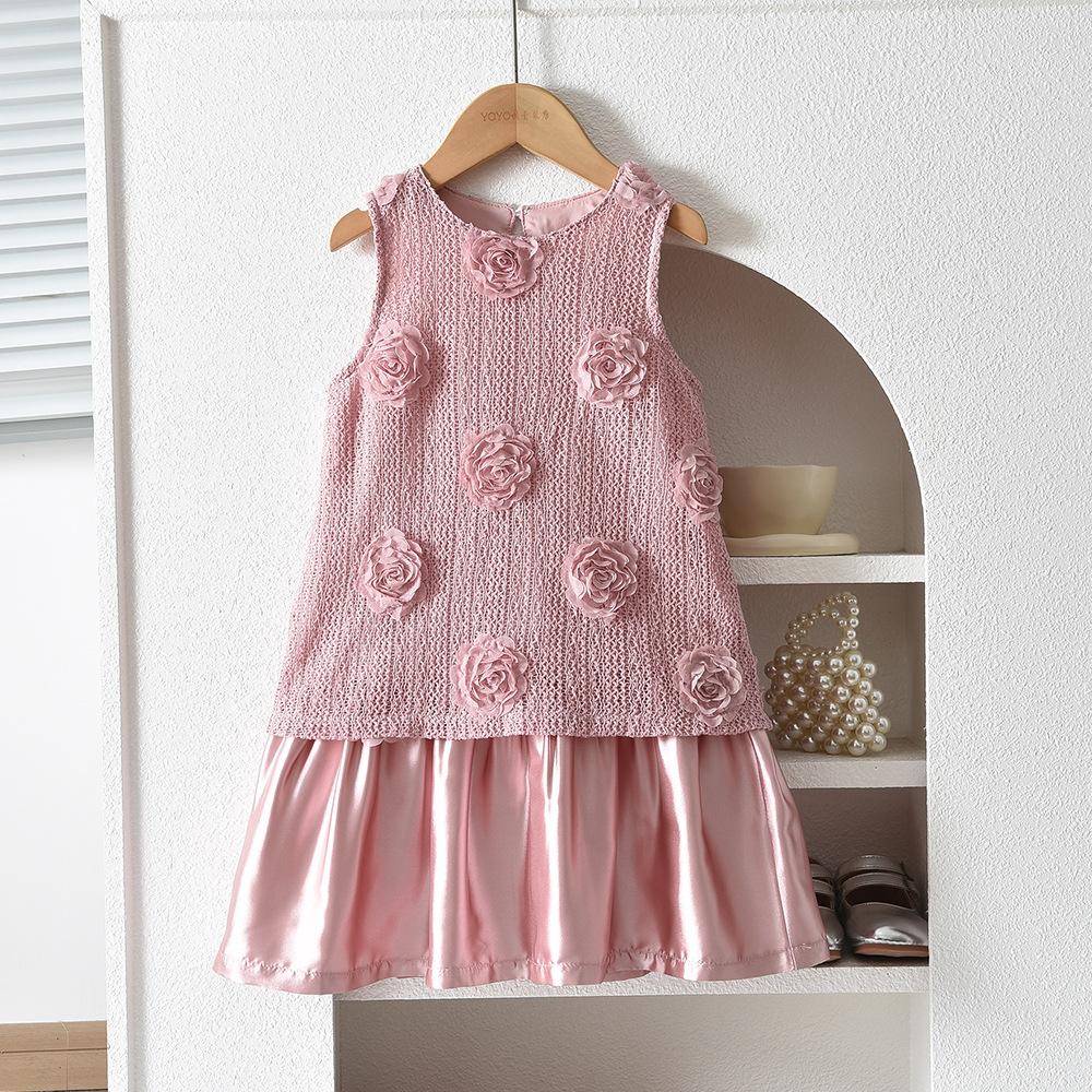 Girls Summer Pink 3D Flower Sleeveless Dress Sweet Princess Vest Dress for Kids 100cm