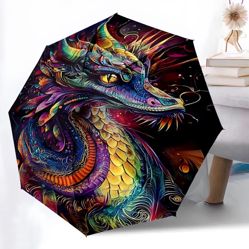 1pc Colorful Dragon Print Automatic Opening Folding Umbrella with 8-Bone Iron Frame - Portable Design for Outdoor Use, Festive Gift, Travel, Dail