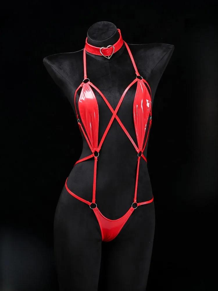 Lingeries Sexy Hot Porn PU Leather Erotic OpenBodysuit Zipper Open Crotch Bandage Breast Latex Look Women BDSM Underwear