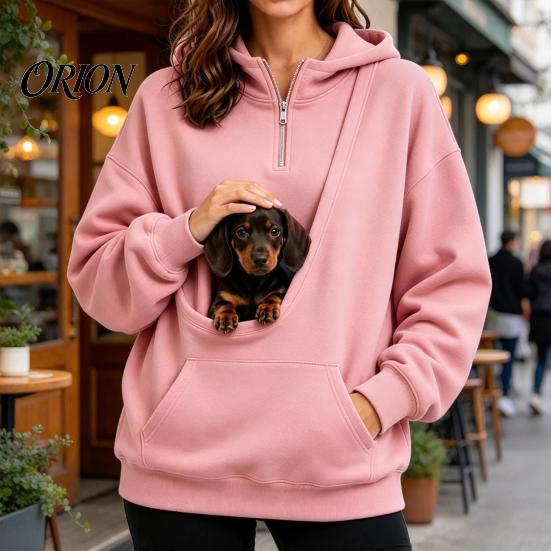 Travel Sweatshirt with Front Pouch Women Hoodie Pet Carrier Pocket, Half Zipper Pullover Sweatshirt, Dog for Small Pets Loose Fit Long Sleeve