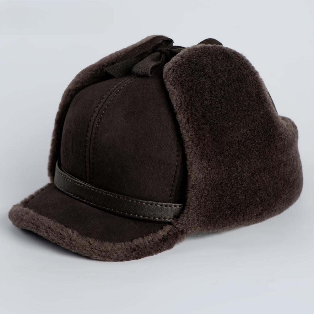 High Quality  Winter Leather Hat Men Fur  Warm Thick Earflaps Bomber Hats Men's Baseball Cap Russian Hat