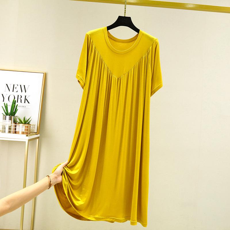 Plus Size Summer Modal Nightdress: Loose, Short-Sleeve V-Neck Pleated Long Home Dress