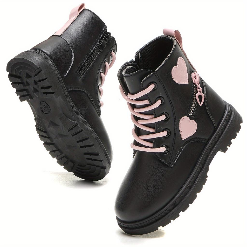 Adorable Heart Non Slip Ankle Boots Girls Boys Lightweight Durable PU Rubber Outdoor Hiking Shoes Zipper Closure Pink Black Fall Winter Casual