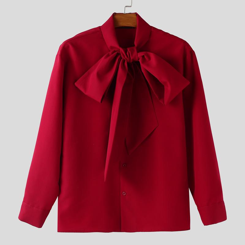 INCERUN Oversized Men Bow Knot Neck Long Sleeve Casual Loose Elegant Shirts