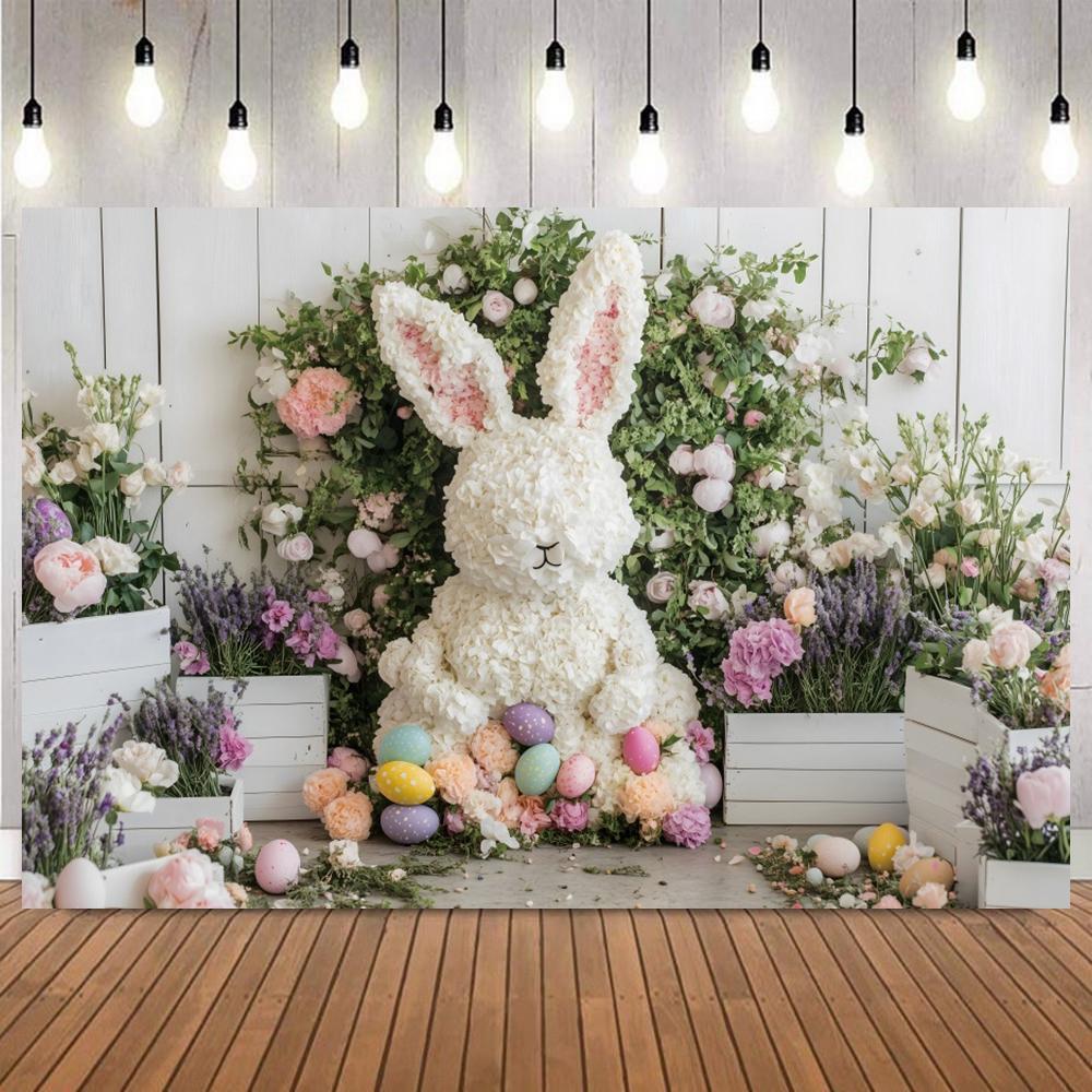 Spring Easter Floral Bunny Pink House Colorful Eggs Dessert Photography Background Kids Party Portrait Home Decor Photo Backdrop11