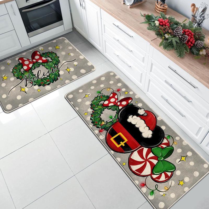 Christmas Velvet Non-Slip Water-Absorbent Floor Mat Set - Easy Clean, Dirt Resistant, Decorative Kitchen Rugs.
