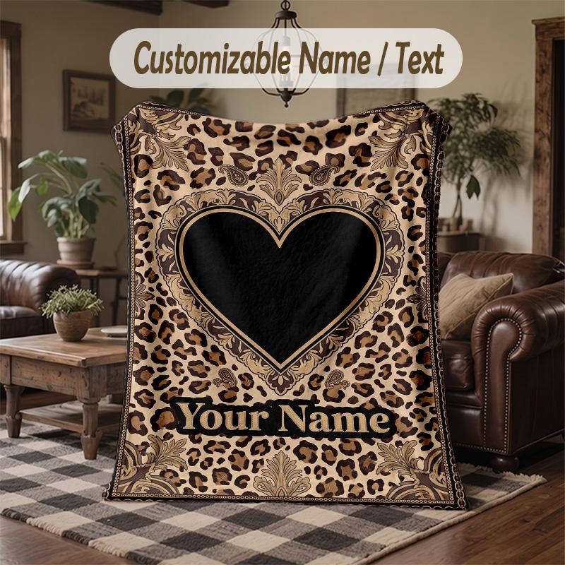 Leopard Floral Frame Theme Throw Blanket Custom Name Text Personalized Blanket Soft Cozy Blanket for Home Sofa Bed