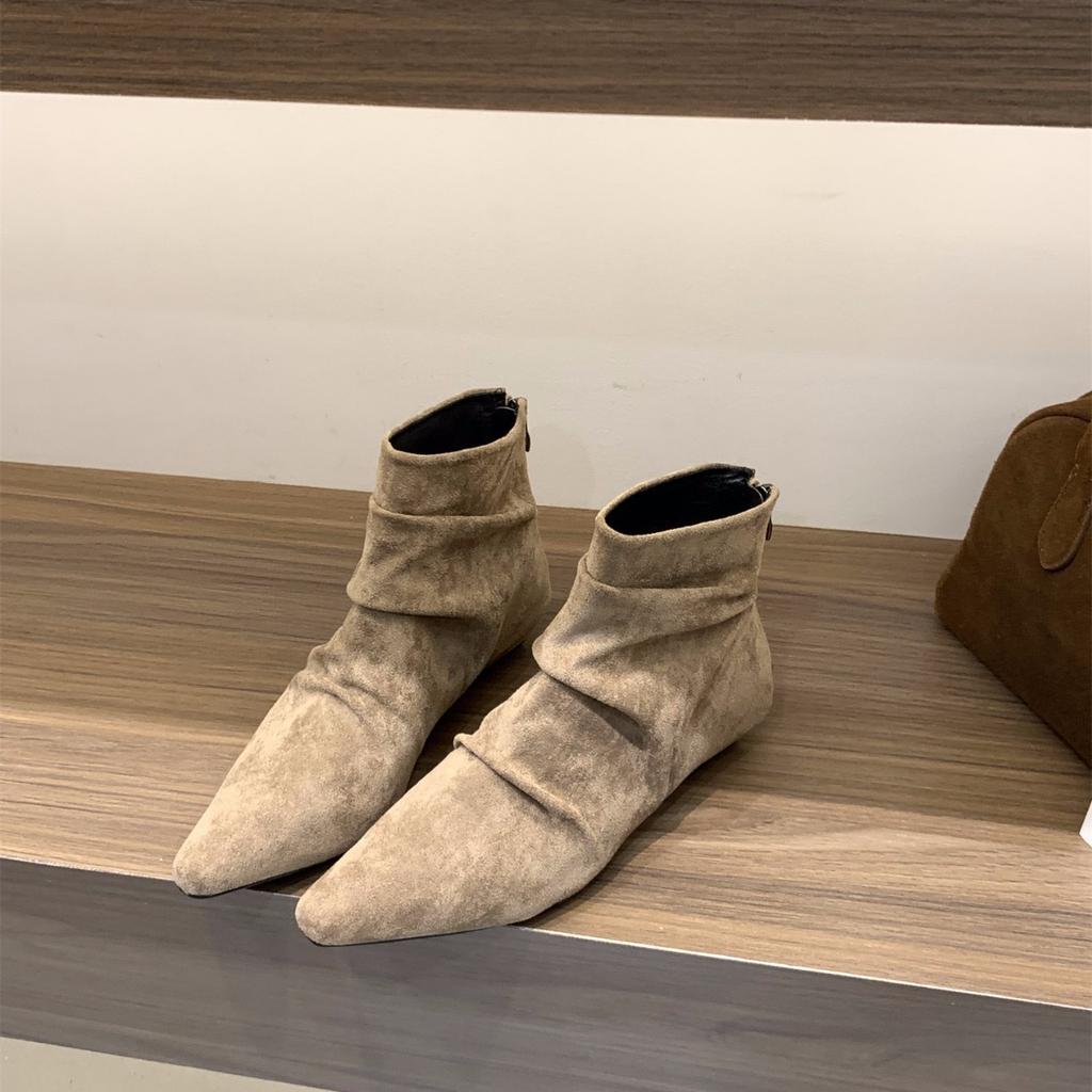 Thick Heel Square Head Suede Pile Boots Short Boots Women's Boots 2025 Spring and Autumn French Small Naked Boots Khaki Martin Boots