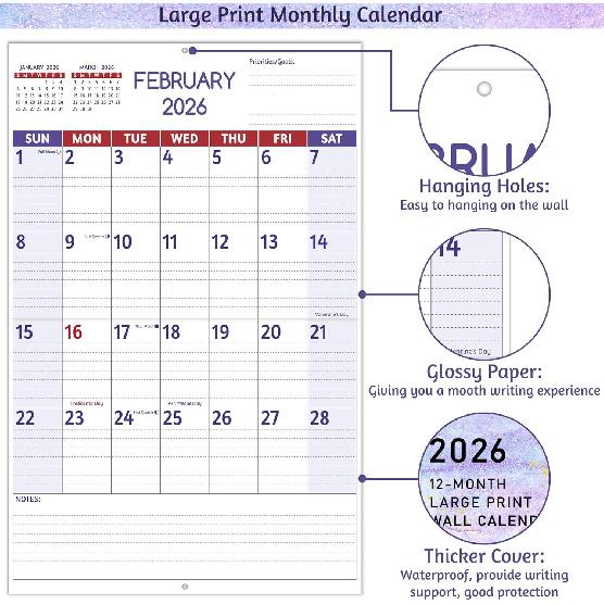 2026 Wall Calendar - Large Print Calendar 2026, 12 Monthly Calendar, Jan. 2026 - Dec. 2026, 14.6 x 22.8 In (Open), 2026 Calendar with Big Numbers,