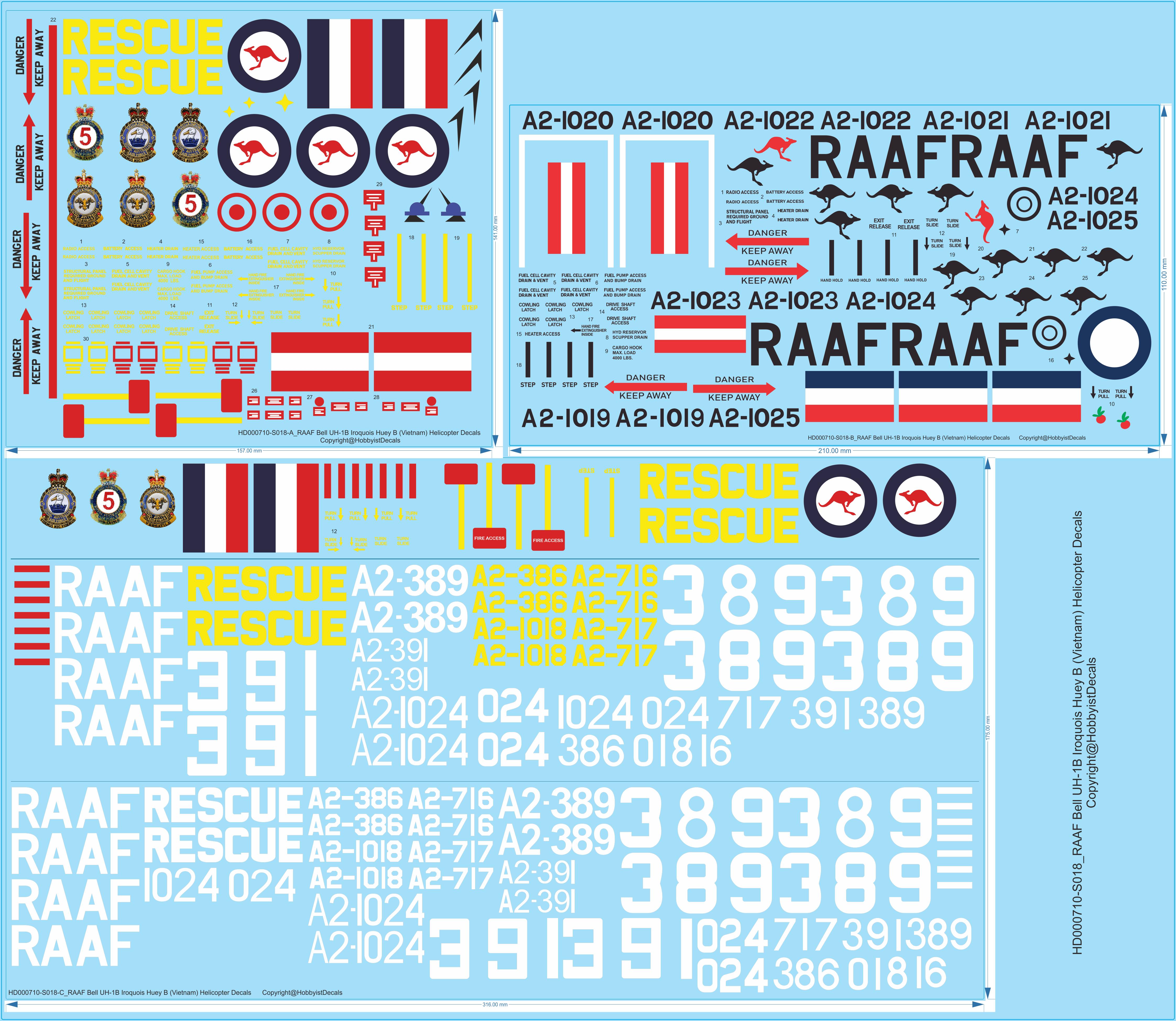 RAAF Bell UH-1B Iroquois Huey B (Vietnam) Helicopter - 1/18 1/32 1/35 1/24 - WD - Waterslide, 1/18