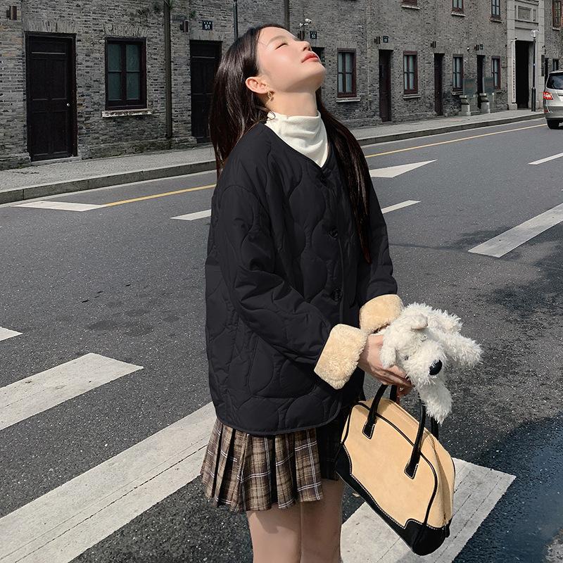 Herbst und Winter Rundhals Wollfutter Baumwolljacke für Damen Dünne Koreanischer Stil Kurze Halslose Nähte Baumwolljacke