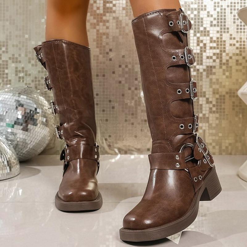 Fashion Fashion Buckle Strap Midi-Calf Boots for Women Autumn Winter Brown Rivet Wedges Boots Woman Plus Size Pu Leather Botas Mujer