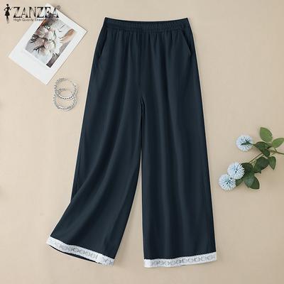 Women Casual Elastic Waist Loose Solid Pants