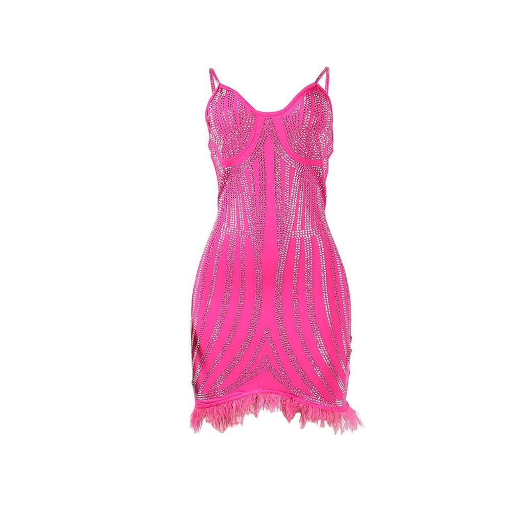 CQK2601 European-American Sexy Feather Dress with Rhinestones