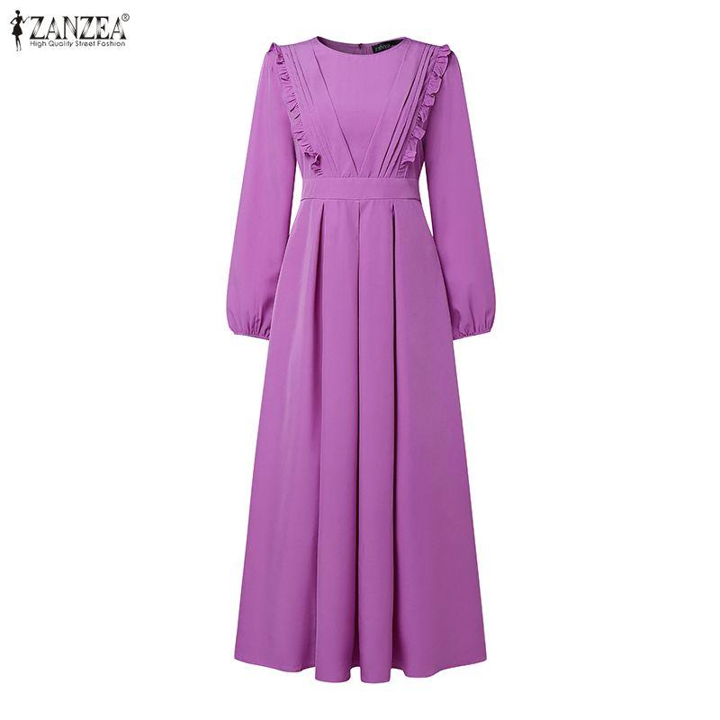 ZANZEA Muslim Casual Round Neck Long Sleeve Women Dresses