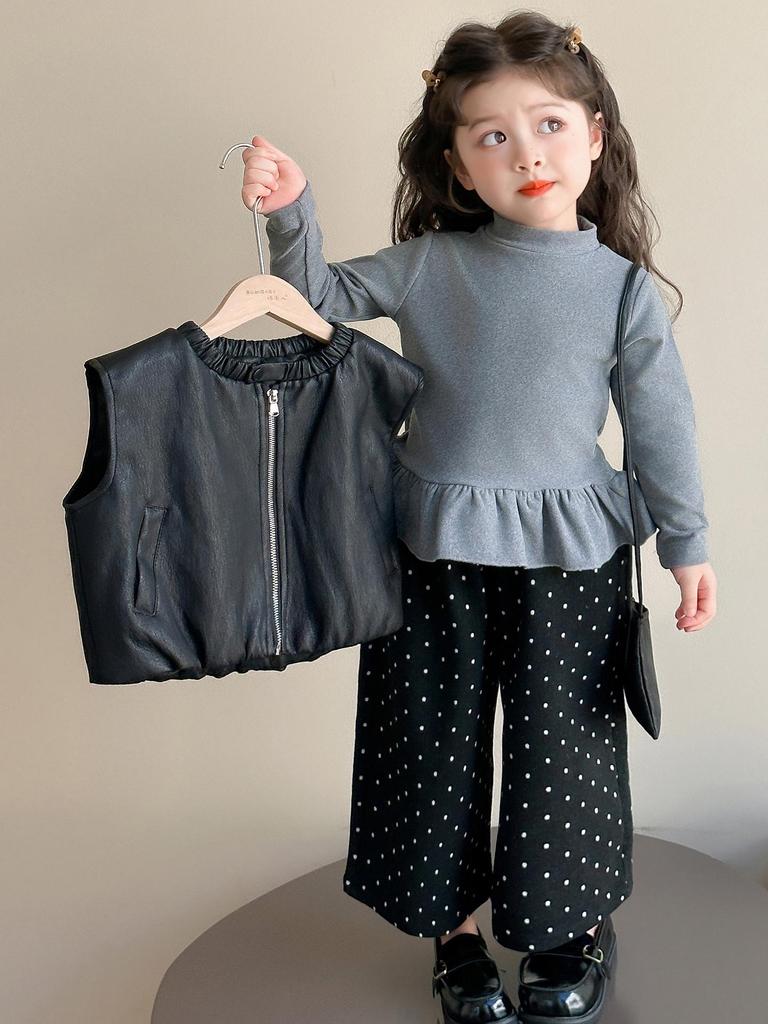Jesień 2025 Zestaw Mody Dziewczęcej: Zestaw Trzyczęściowy Koszulka Bazowa w Stylu Koreańskim i Skórzana Kamizelka
