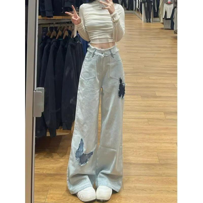 

Women s Wide-Leg Raw-Edge Jeans with Butterfly Embroidery - Retro American Autumn Style Small светло-синий