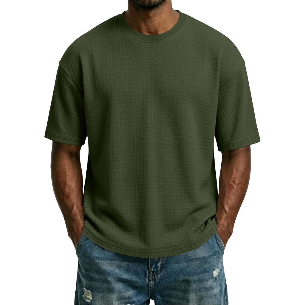 Men's Solid Waffle Texture Loose Fit Crew Neck Short Sleeve T Shirt Casual Lightweight Breathable Fabric Summer Top