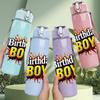 1PC Birthday BOY Burst Letter Print 750ml Color Plastic Sports Water Bottle Leakproof Flip Straw Lid Suitable for Sports Office Home Use