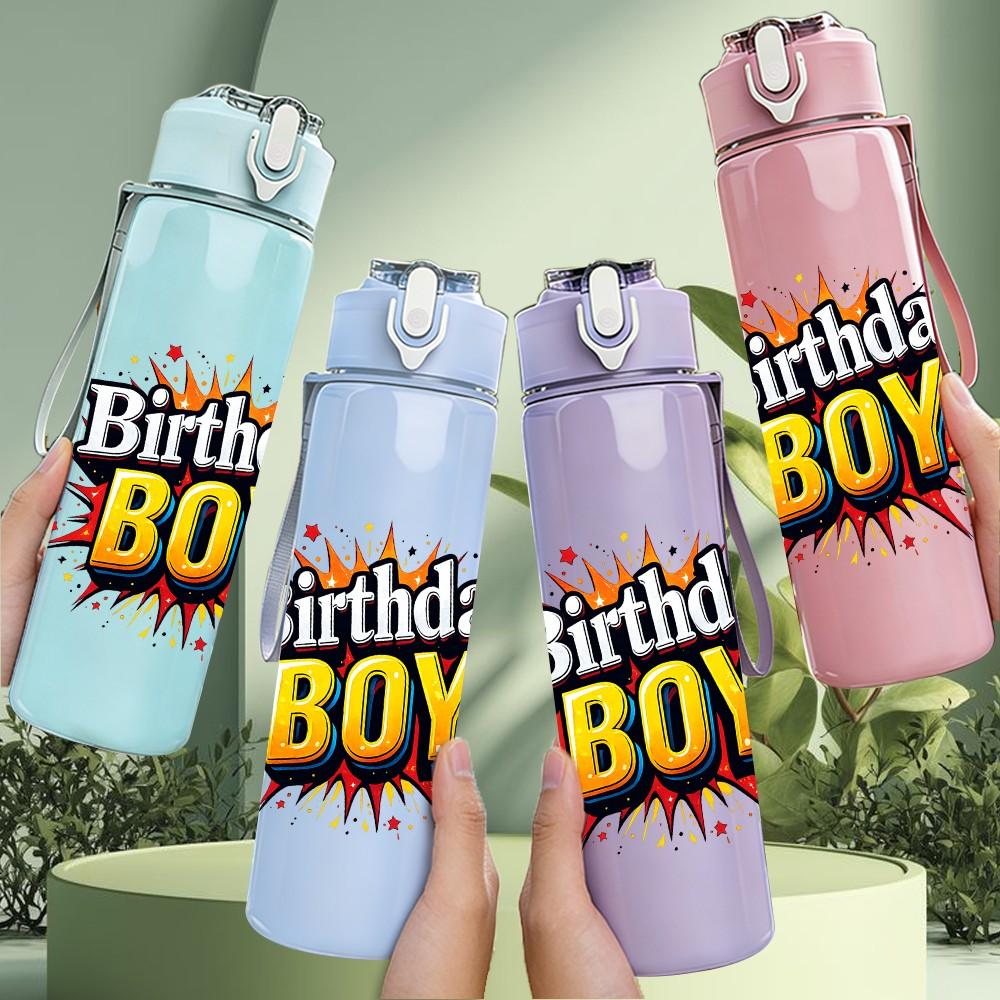 1PC Birthday BOY Burst Letter Print 750ml Color Plastic Sports Water Bottle Leakproof Flip Straw Lid Suitable for Sports Office Home Use