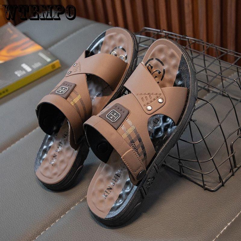 WTEMPO Mens Summer Sandals Soft Bottom Hollow Thick Bottom Slides Outdoor Seaside Beach Shoes Indoor Slip Resistant Slipper Wearable Hiking Shoes