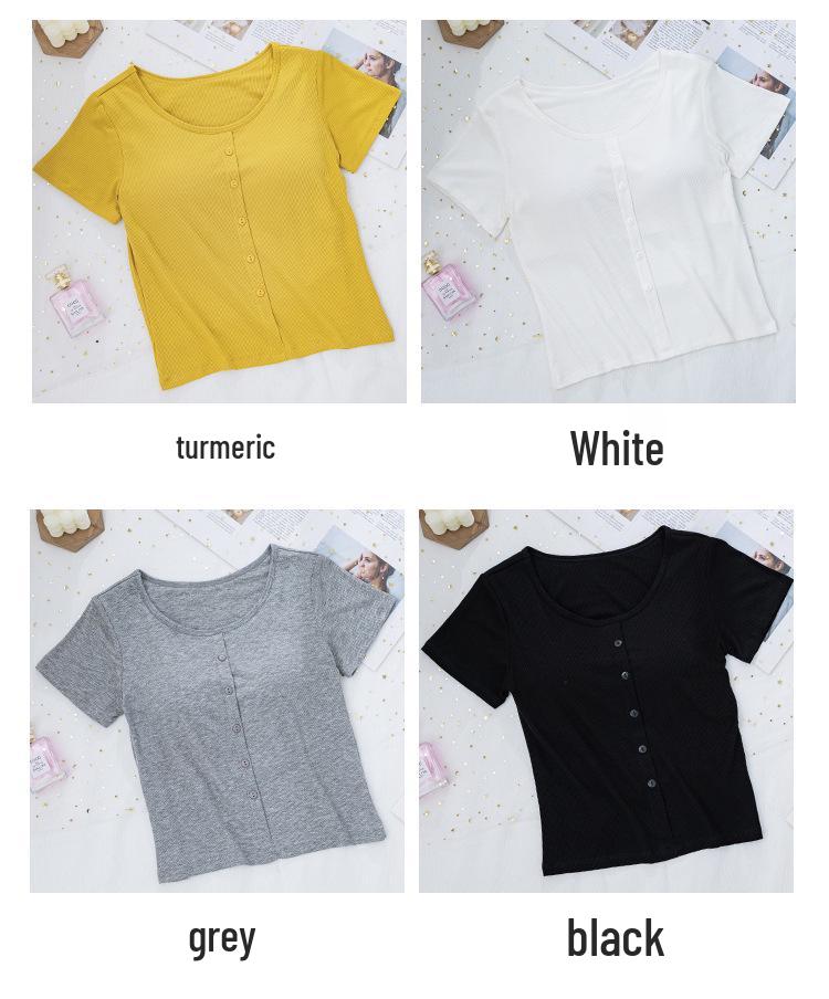 Ribbed Cropped Bodycon T-Shirt with Built-in Bra Pads and Fixed Short Sleeves